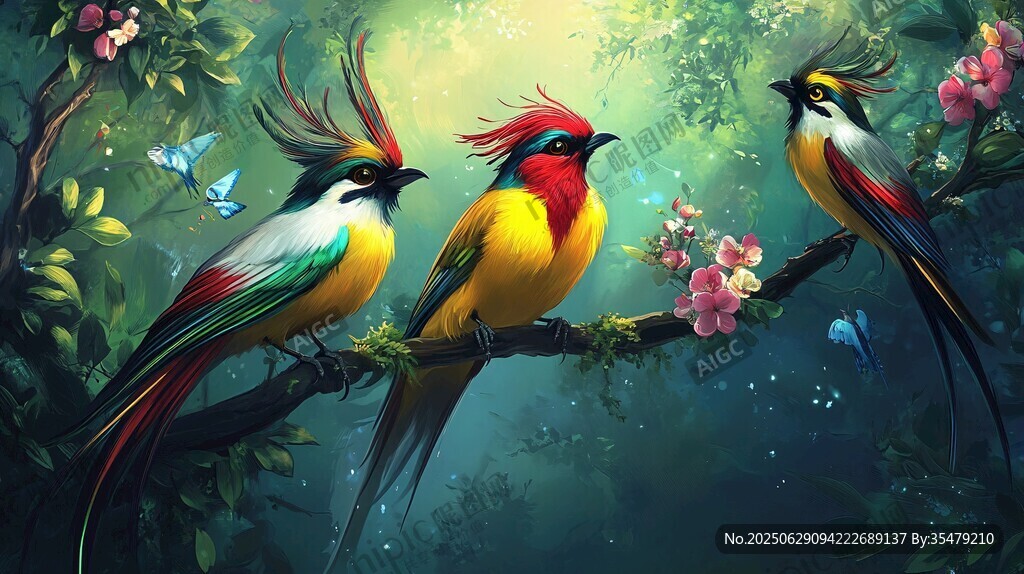 三只彩羽仙鳥(niǎo)棲于繁花枝