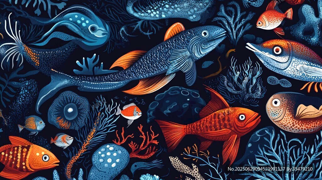 夢幻海底魚群插畫