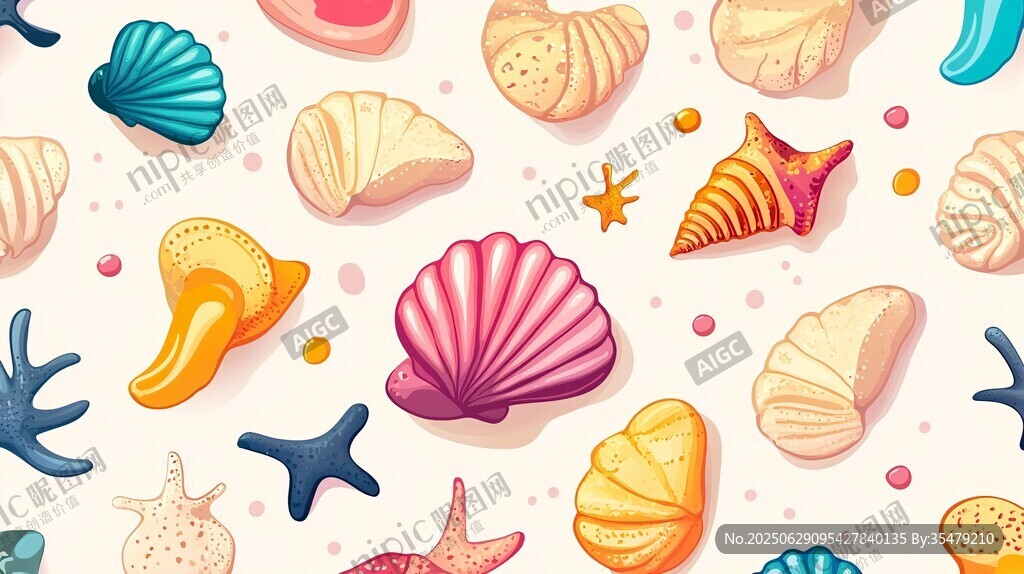 多彩貝殼與海星的夢幻圖案