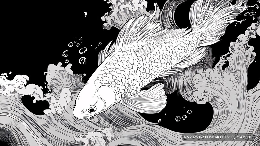 水墨錦鯉躍于翻涌波浪間