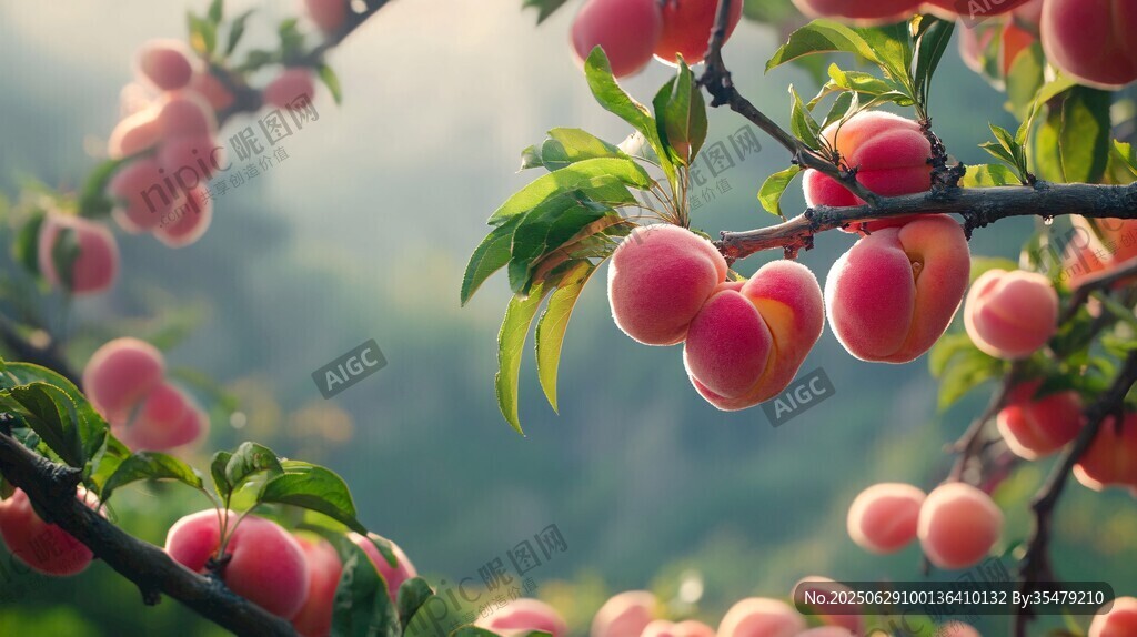 枝頭碩果累累的粉嫩桃子