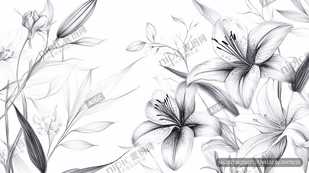 黑白手繪百合花花卉圖案