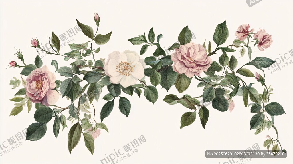 薔薇花卉藤蔓復古插畫