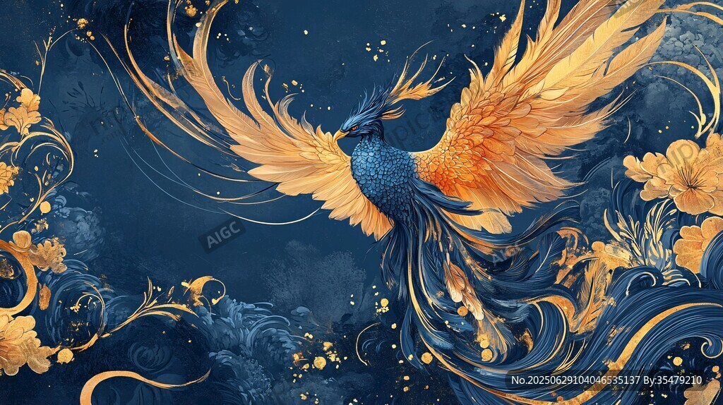 金羽鳳凰于華麗背景中翱翔