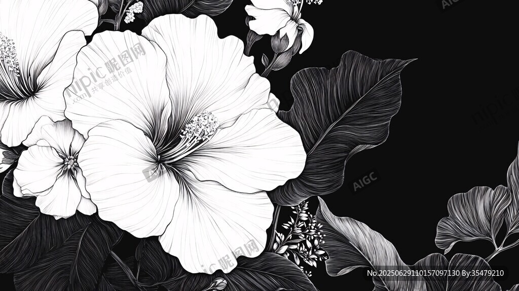 黑白扶桑花植物插畫