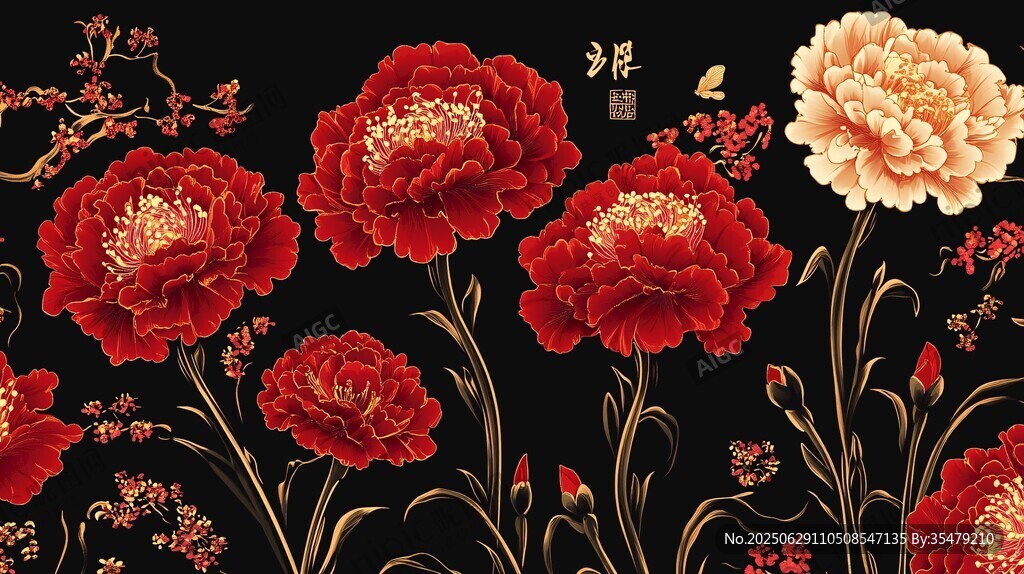 中式牡丹繁花黑金背景圖
