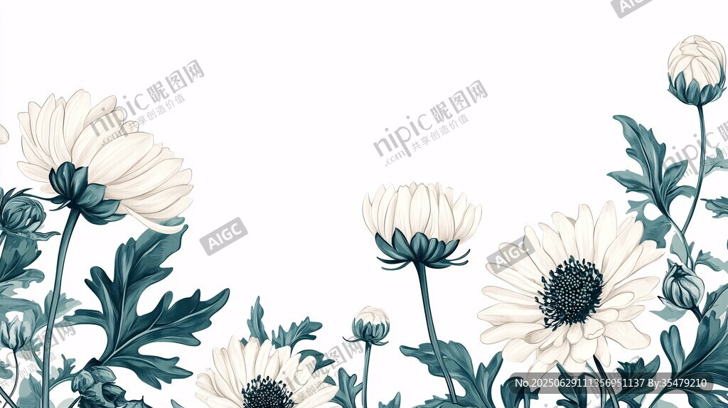 白菊綠植邊框插畫