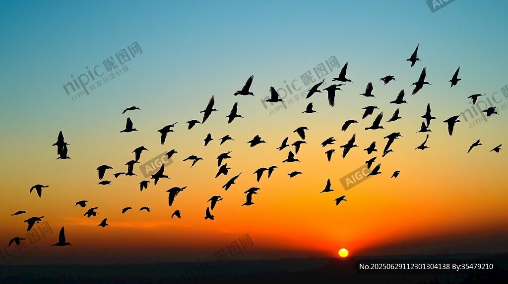 夕陽下群鳥翱翔的壯美瞬間