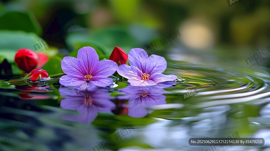 水面綻放的紫花與紅荷