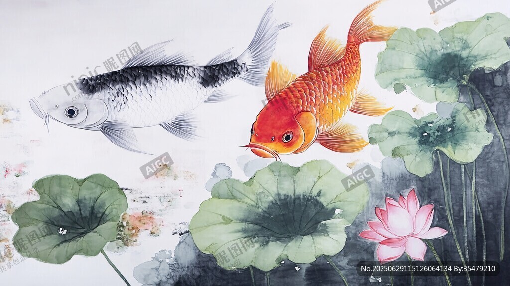 水墨錦鯉戲荷圖