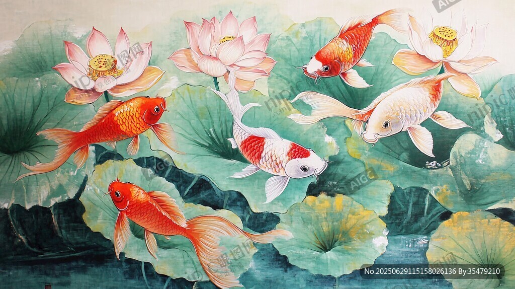 荷塘錦鯉圖
