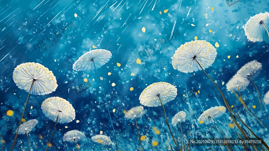 夢幻雨中蒲公英浪漫景象