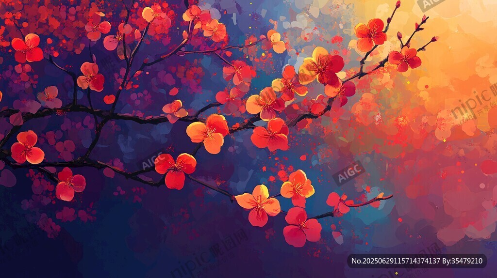 絢爛紅梅綻放夢幻背景