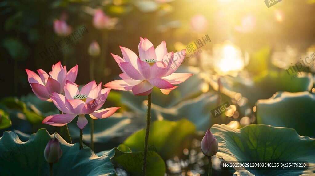 夕陽下綻放的嬌艷荷花