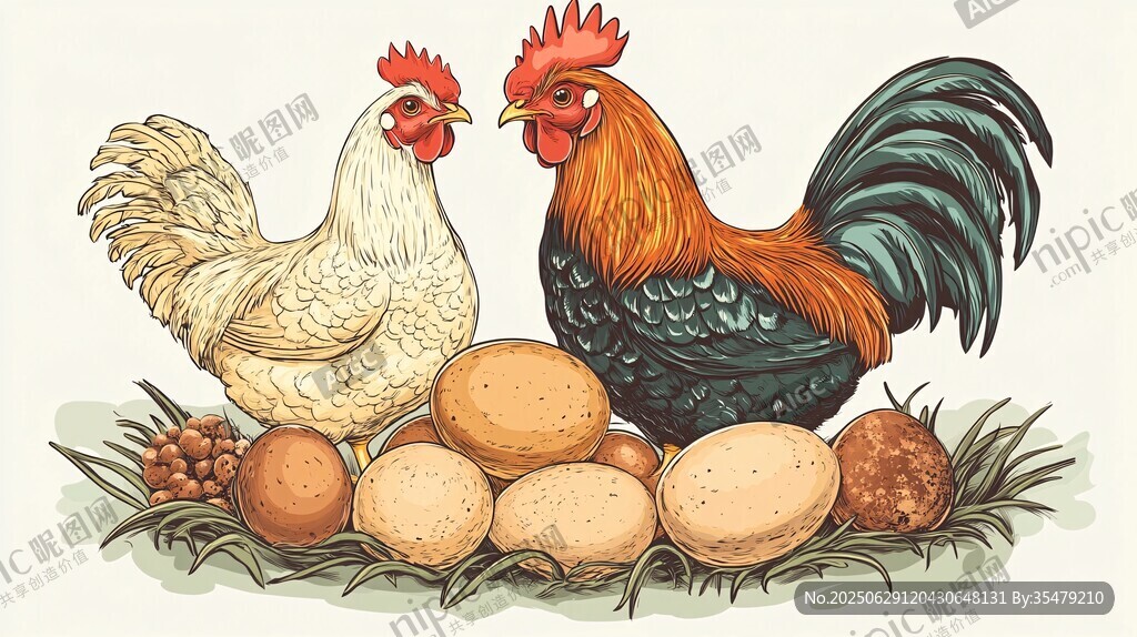 公雞母雞與雞蛋插畫圖