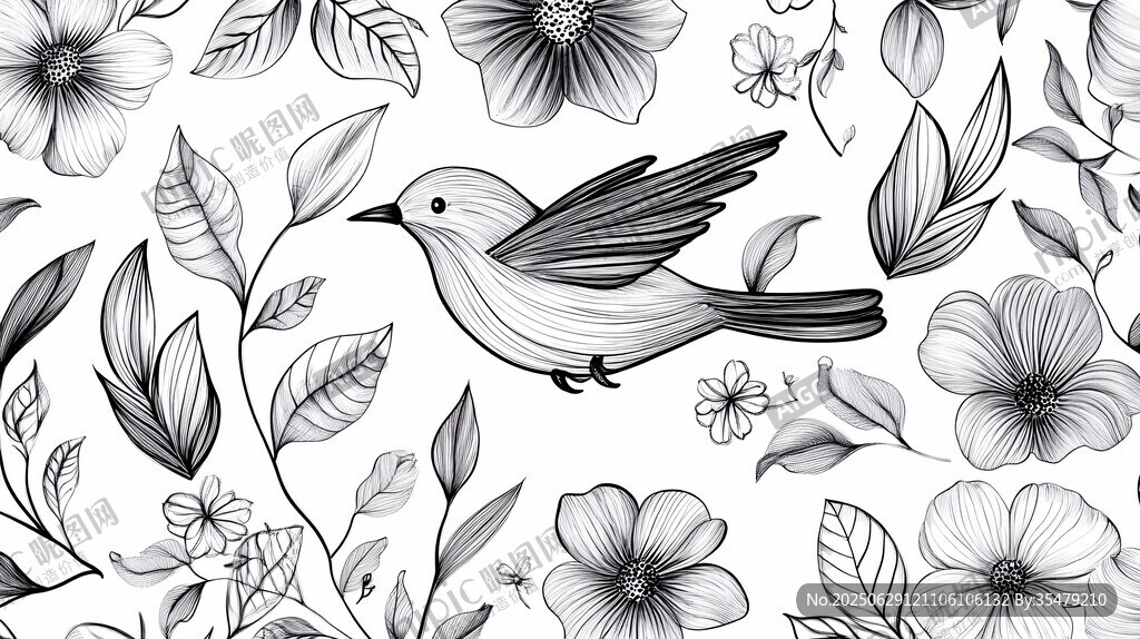 黑白花鳥圖案插畫