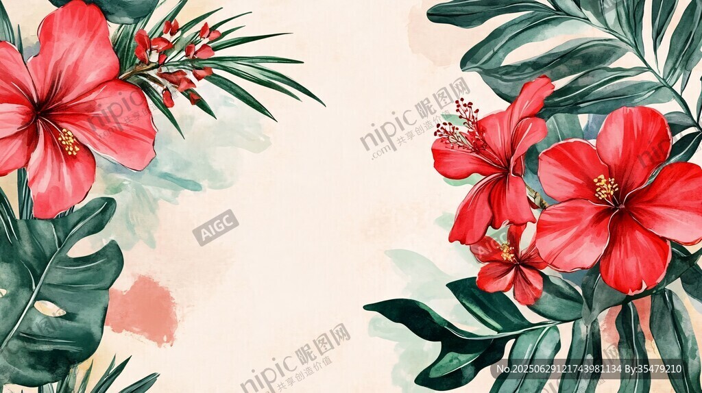 熱帶花卉水彩背景圖