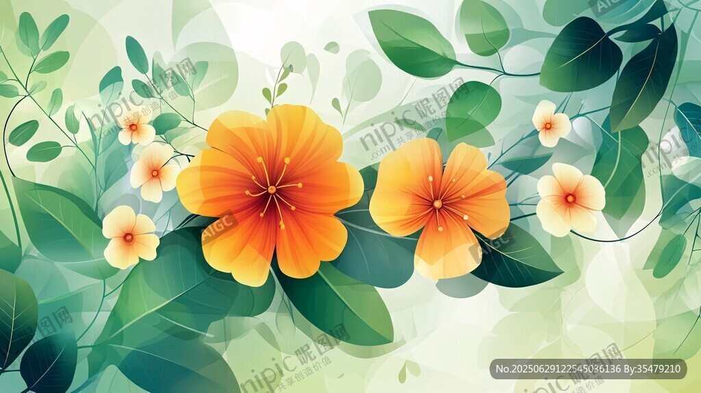 橙花綠葉清新自然插畫(huà)