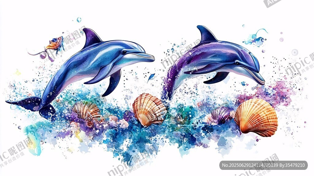 水彩繪海豚與海洋元素