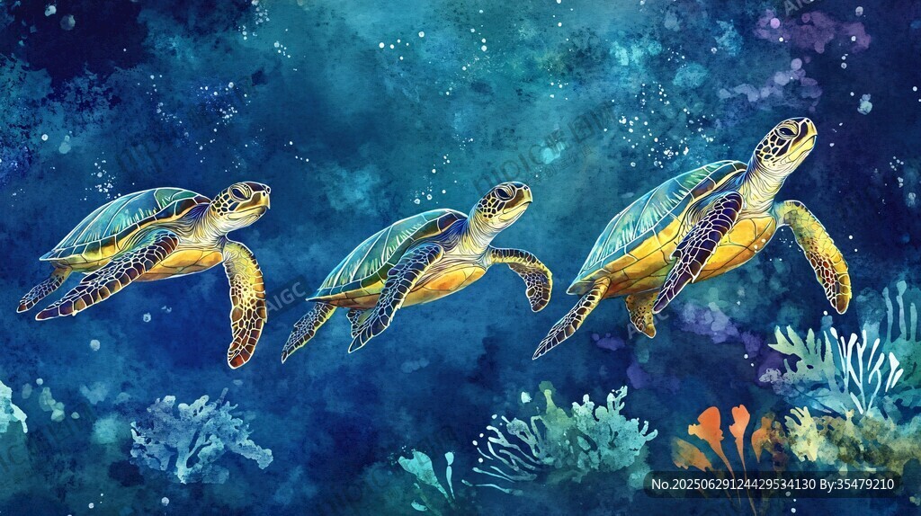三只海龜暢游海底世界