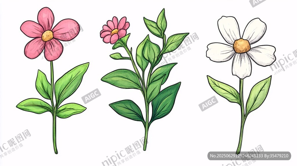 三朵手繪風(fēng)可愛花卉插畫