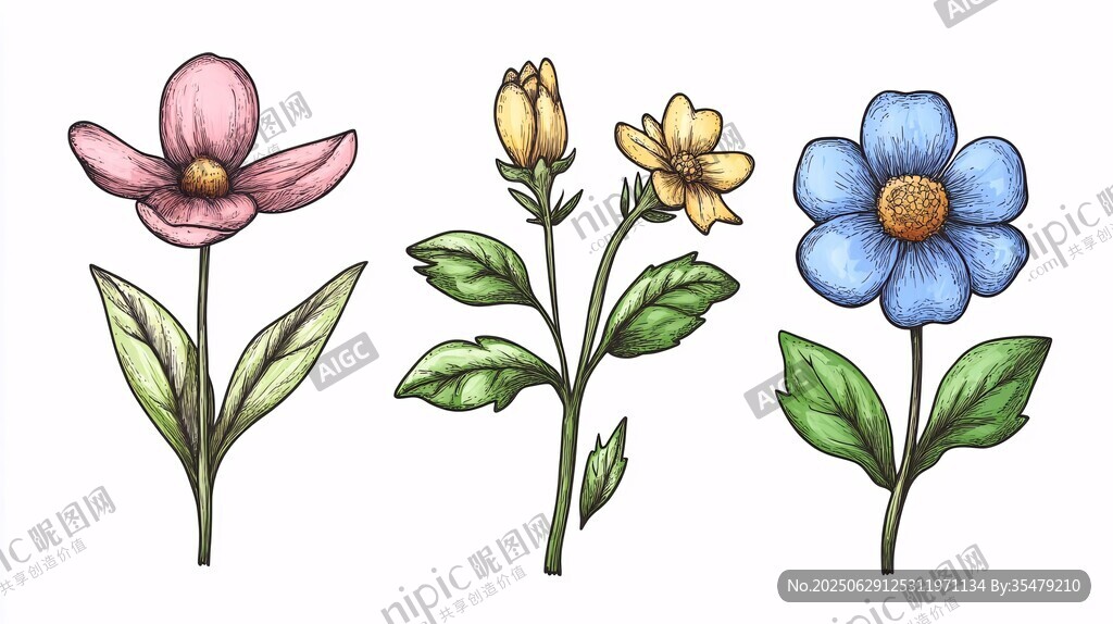 手繪三色花卉插畫