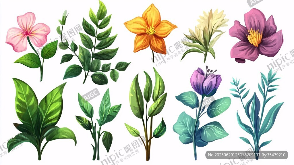 多彩花卉植物插畫素材