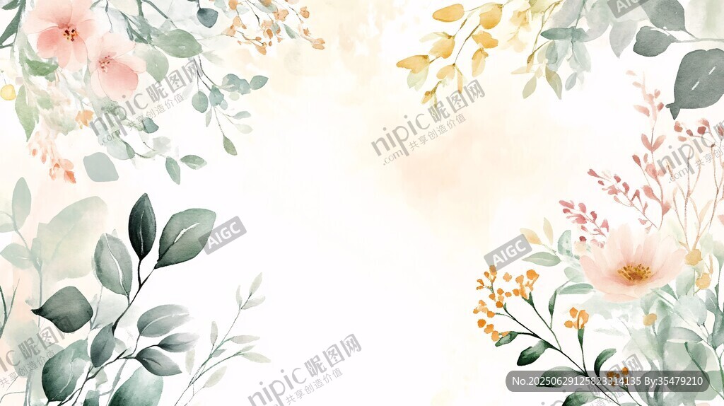 清新水彩花卉邊框背景圖