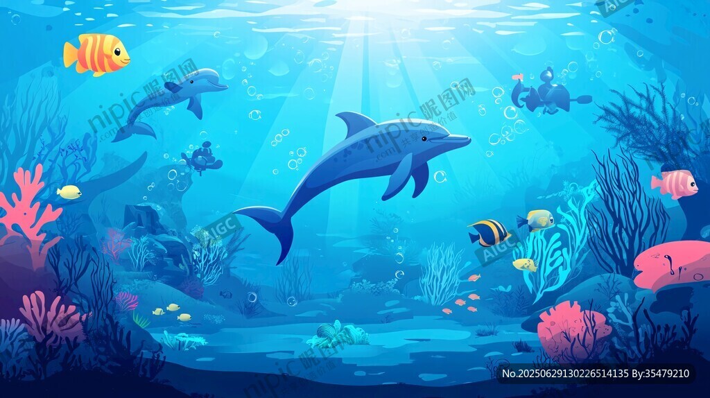 夢幻海底世界的海豚與魚群
