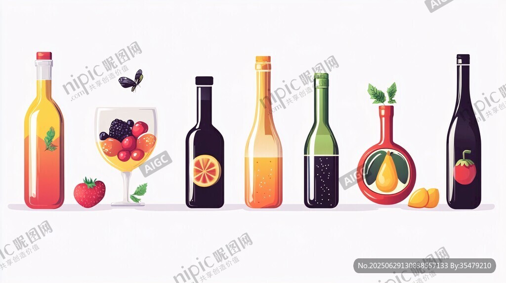 繽紛酒瓶與鮮果插畫