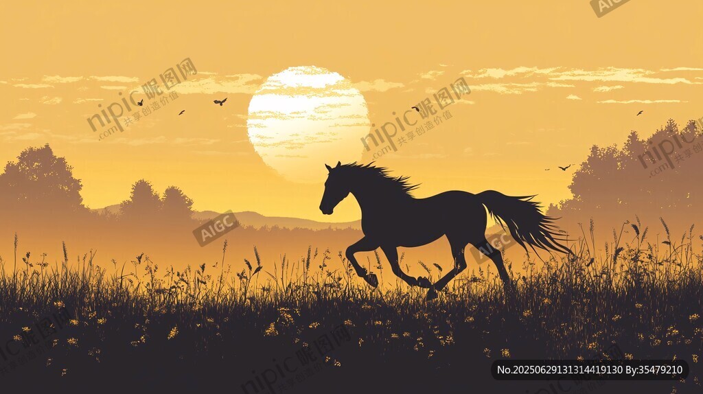 夕陽下駿馬在草原馳騁