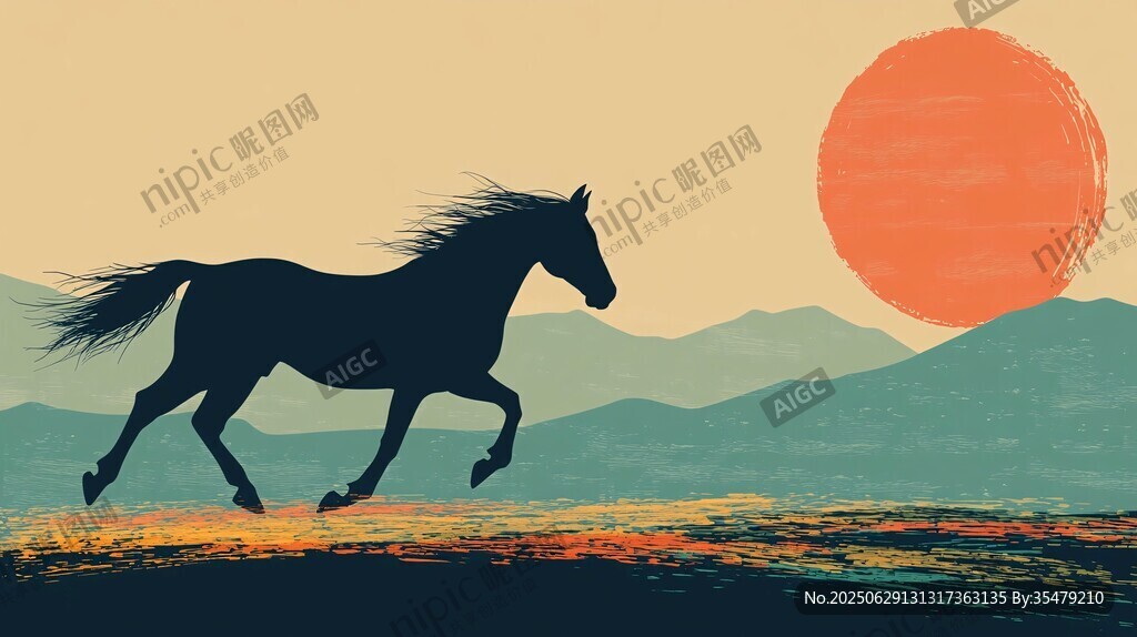 落日下奔騰的駿馬