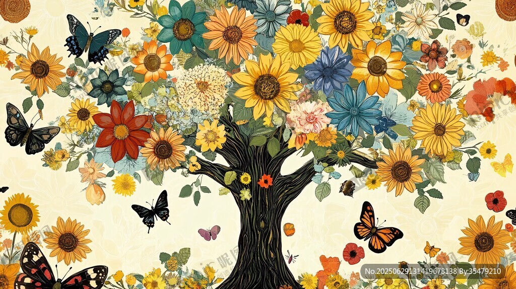 繁花蝴蝶樹插畫藝術作品
