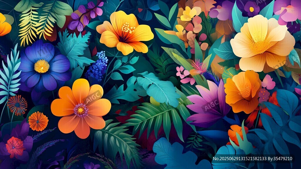 繽紛花卉叢林夢(mèng)幻插畫