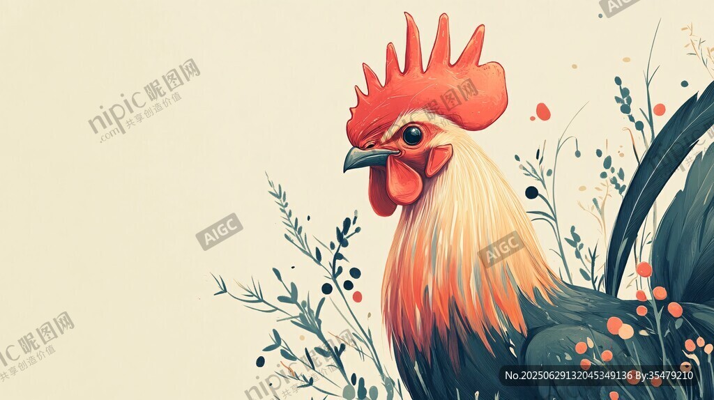 公雞插畫 花卉環繞的家禽形象