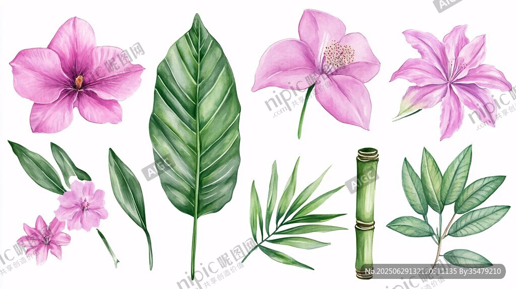 粉色花卉與綠葉水彩素材