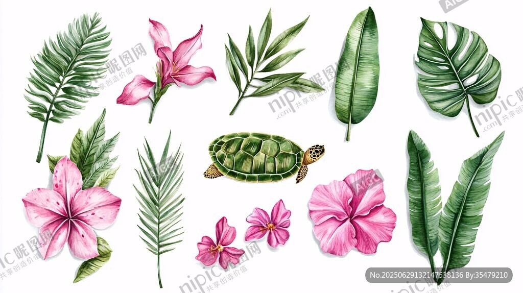 熱帶花卉綠植與海龜插畫
