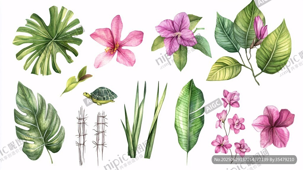 水彩風花卉綠植插畫素材