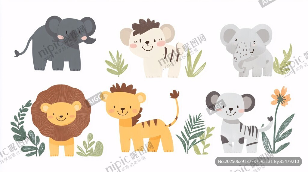 可愛動物與綠植插畫集合