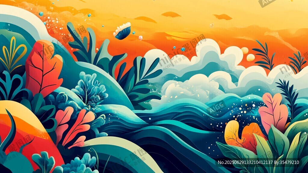 夢幻海洋植物景觀插畫