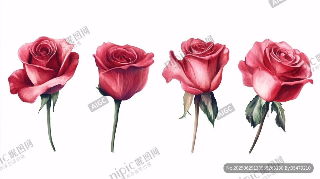 四朵嬌艷紅玫瑰插畫