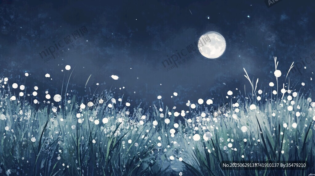 月夜下的夢(mèng)幻蒲公英草地