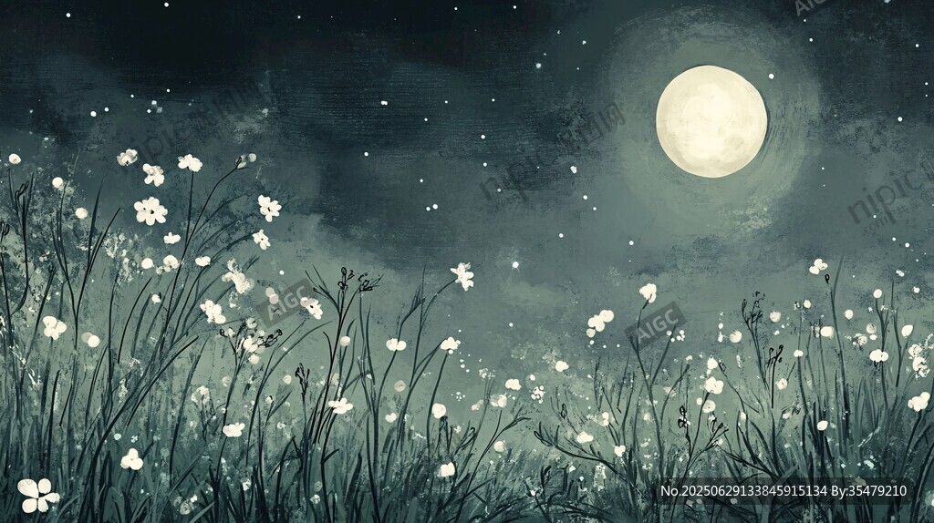 月夜下的爛漫花草世界