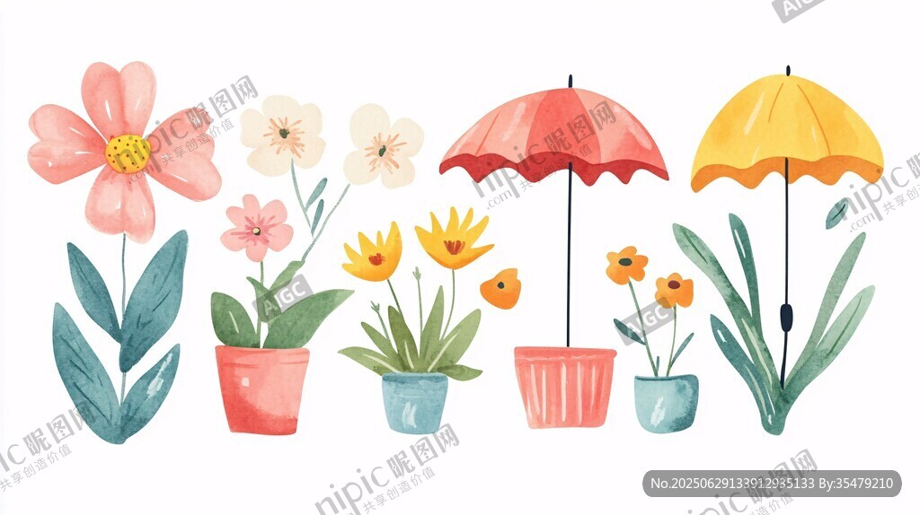 花朵與雨傘的清新插畫