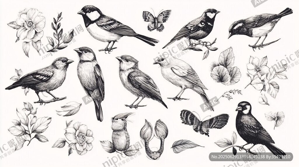 手繪鳥類花卉插畫集合