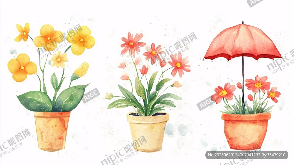 水彩風(fēng)盆栽花卉與遮陽傘