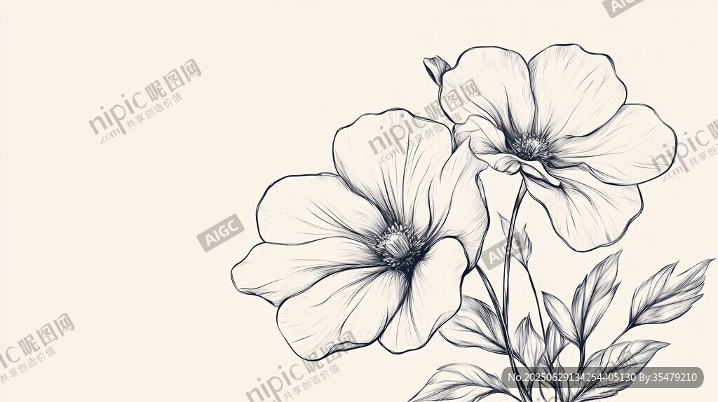 手繪兩朵花卉線條圖