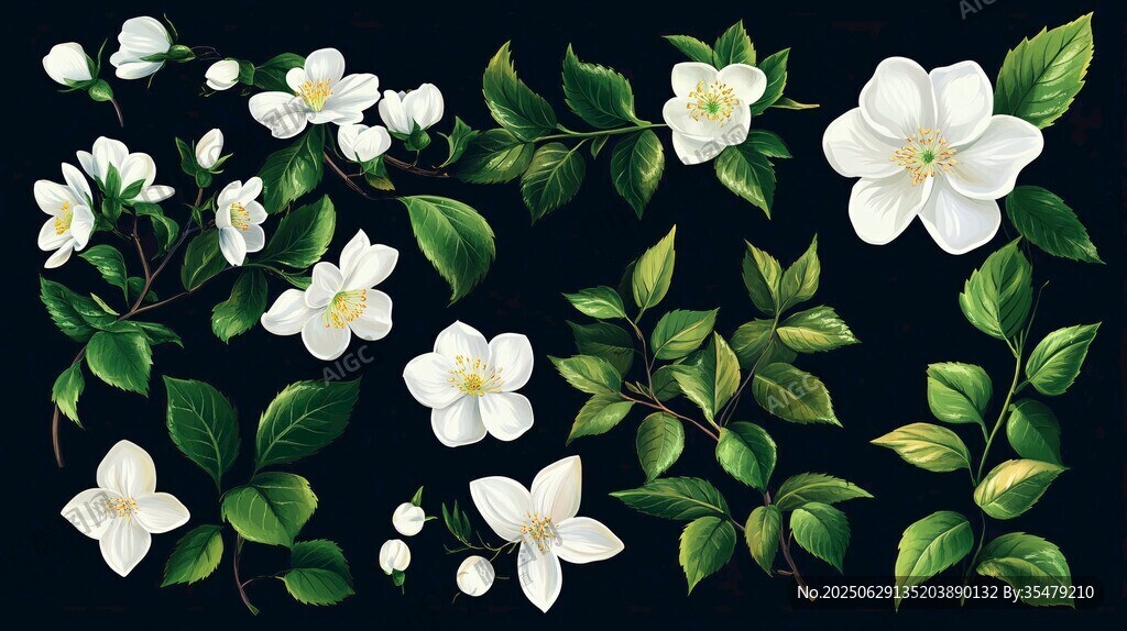白色茉莉花綠葉插畫元素