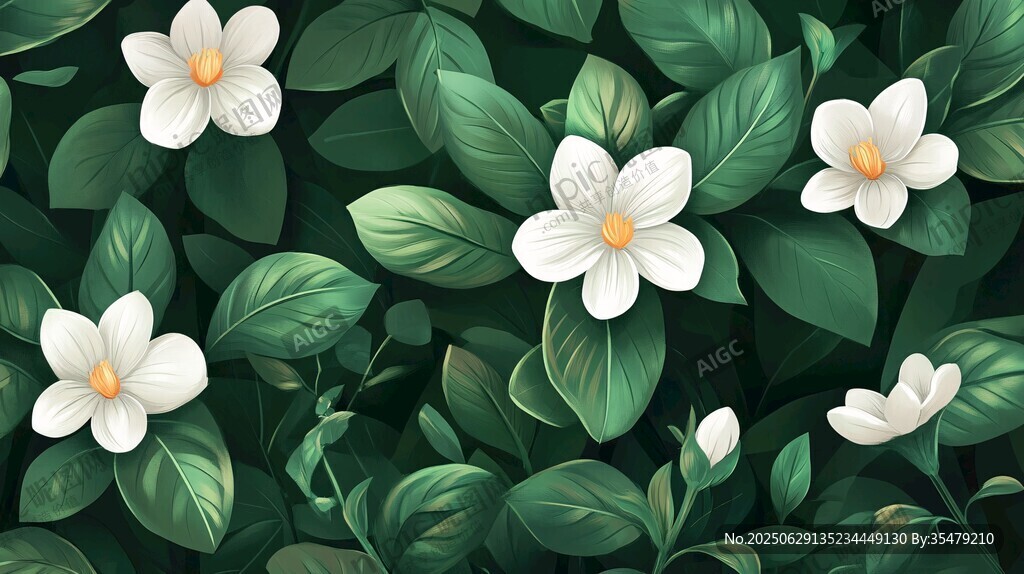 清新茉莉花綠葉插畫背景