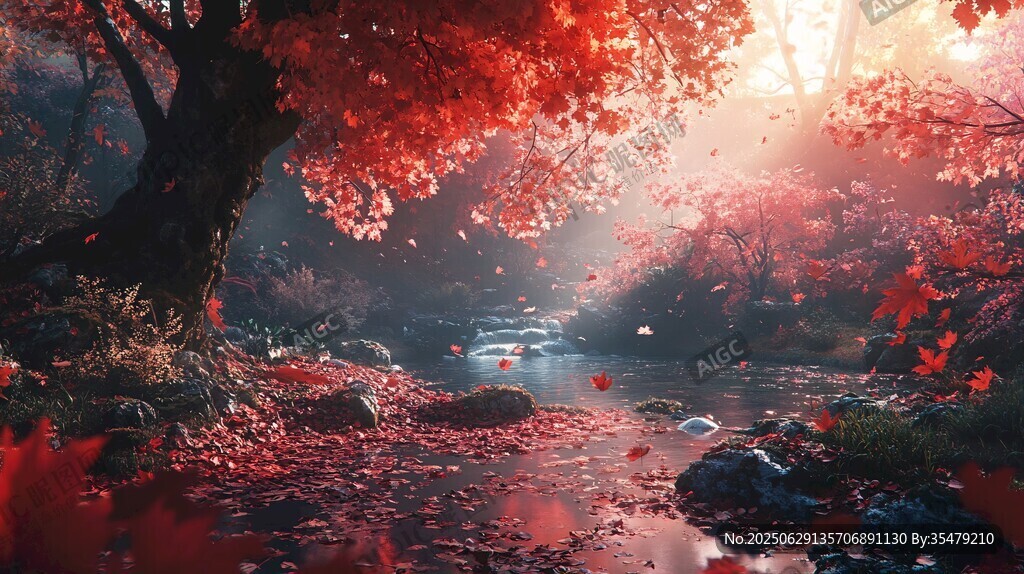 秋日溪邊紅楓夢幻美景